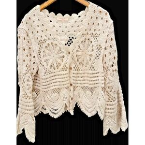 Solitaire Crochet Knit Cardigan Boho Festival Coastal Open Knit Sweater L